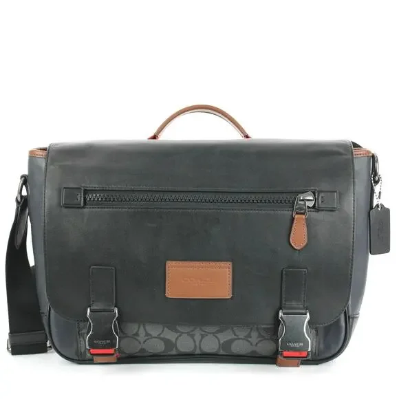 Coach Signature Messenger Bag Gray Black Canvas Leather Crossbody - Picture 1 of 8